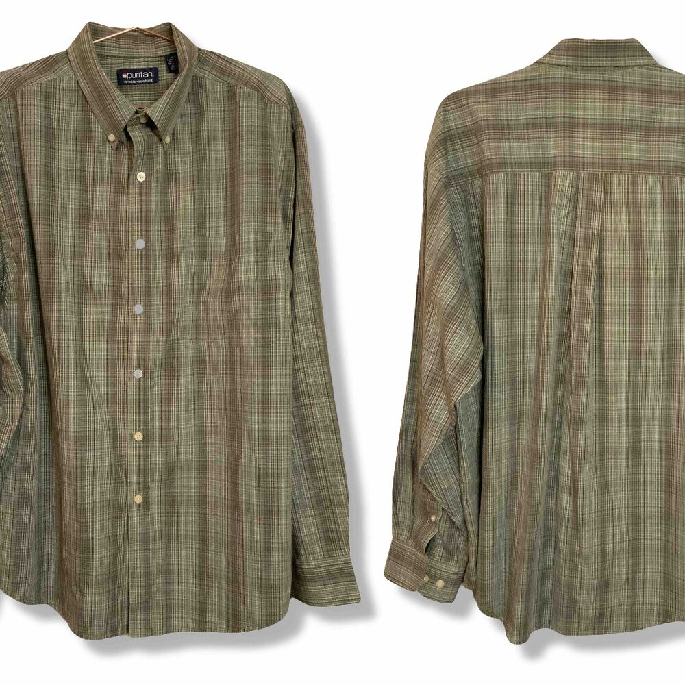 Vintage Puritan Collar Button Up Pocket Plaid Long Sleeve Men L 42/44 Green
